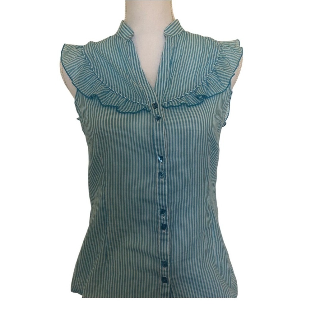 Zara Striped Ruffle Blouse Womens Small Teal White Sleeveless Button Up - Picture 1 of 10